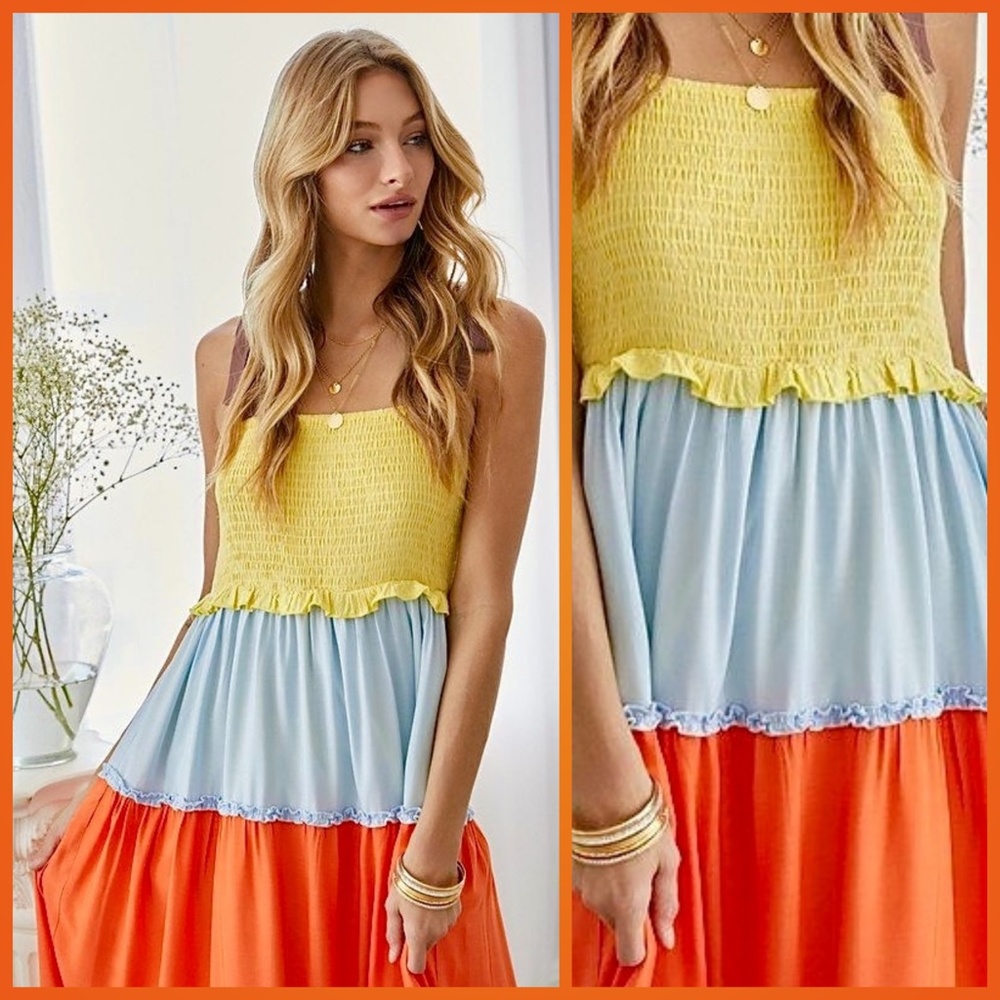 Lux Smocked Bodice Ruffle Trim Tiers Part Lined Skirt Shoulder Ties - Picture 5 of 16